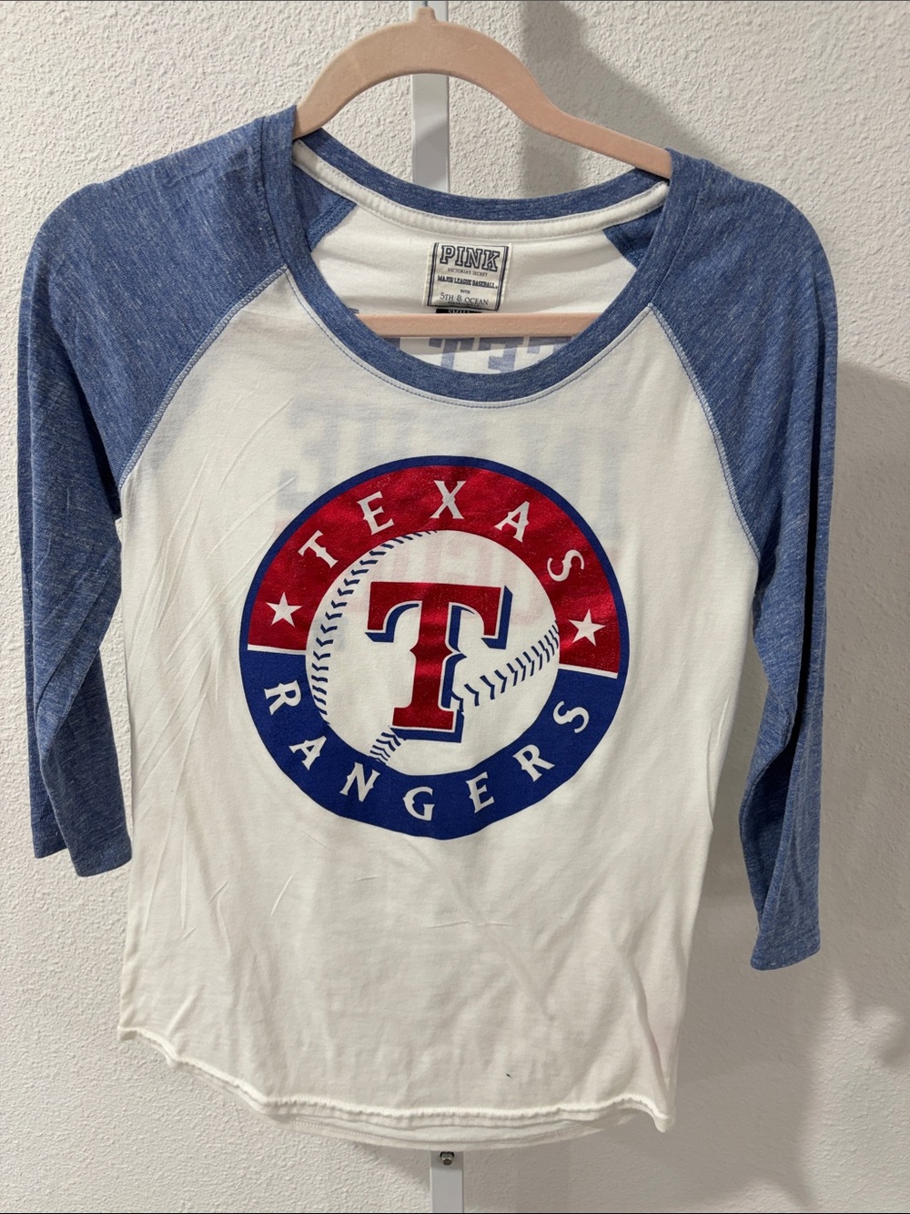 PINK Victoria's Secret Texas Rangers Raglan Baseball Tee - White & Blue